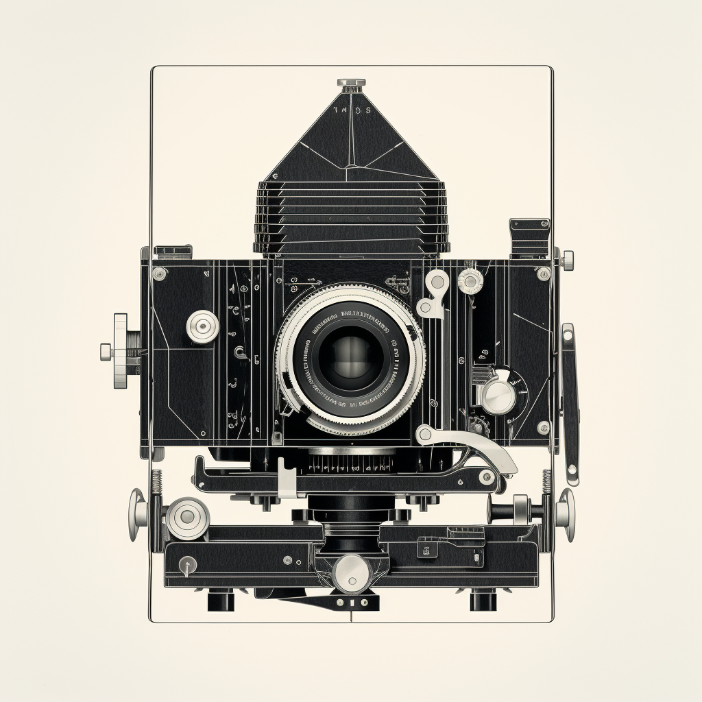 Black and white minimalist folding camera blueprint