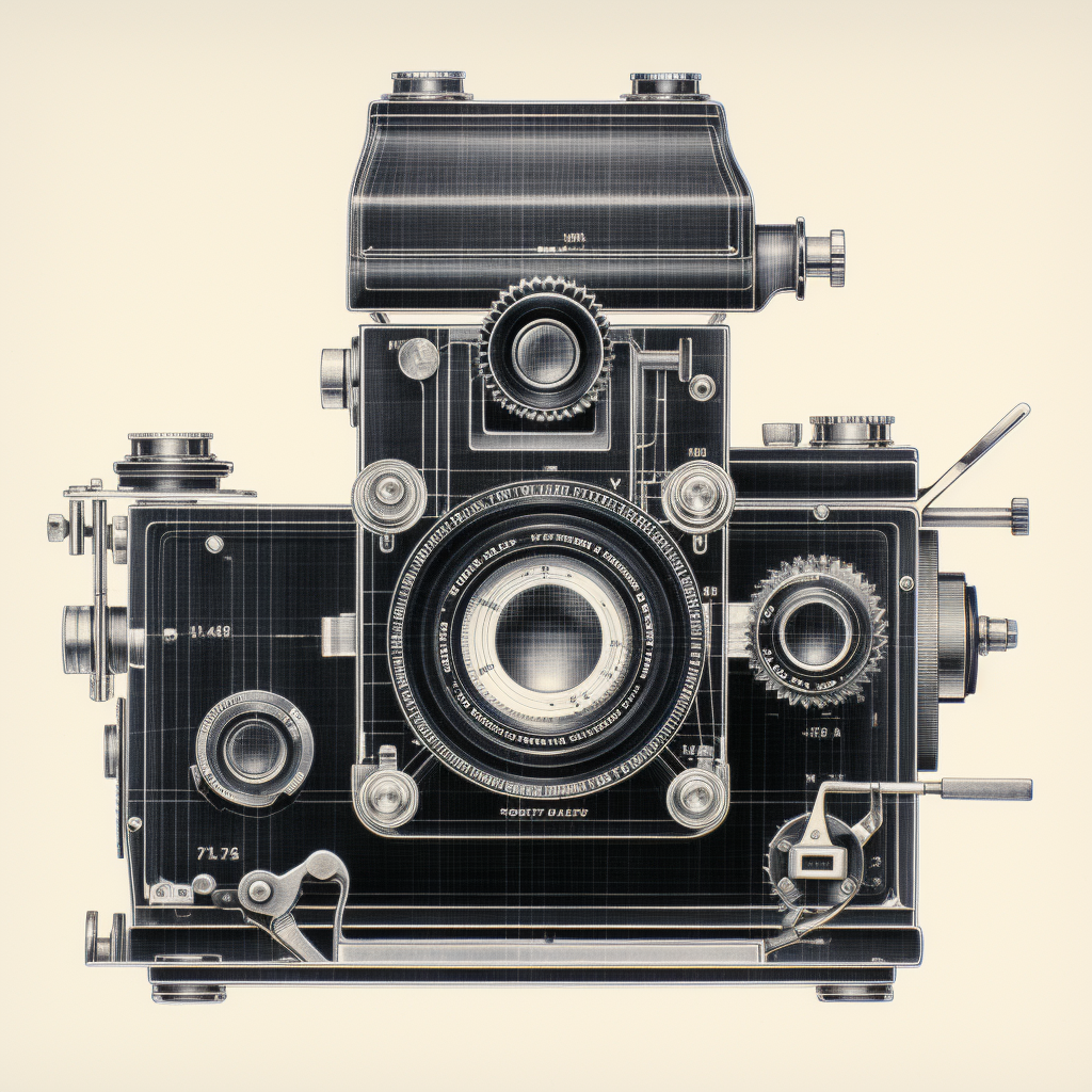 Black and white minimalist dry plate camera blueprint