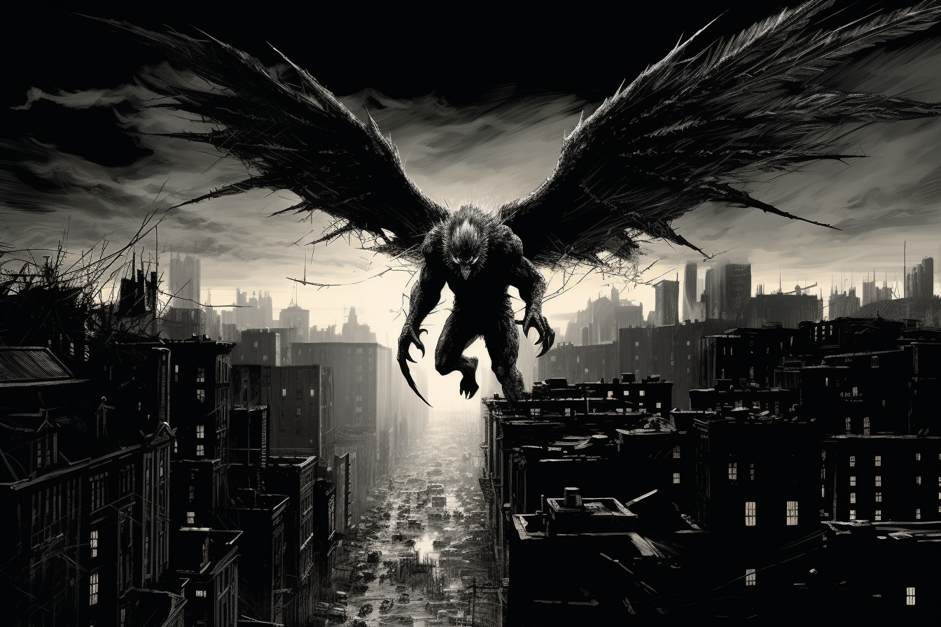 Winged demon overlooking modern cityscape