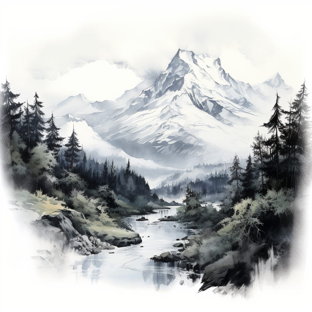 Black and white mountain scenery drawing