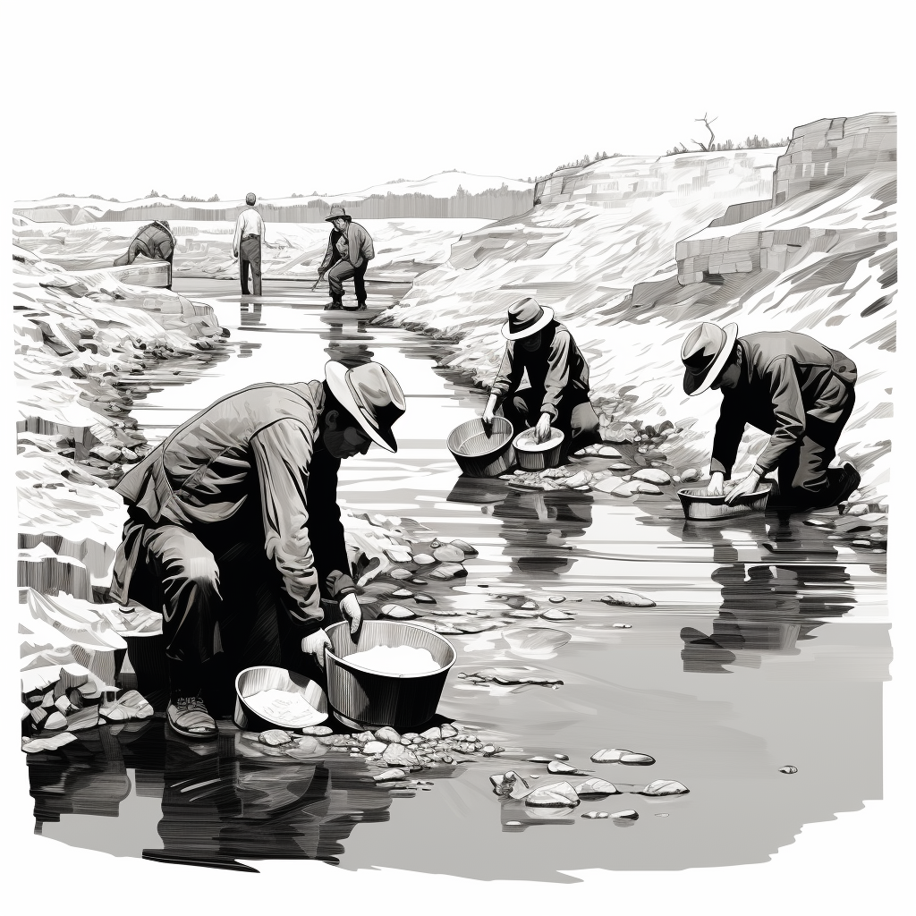 Illustration of panning for gold in black and white