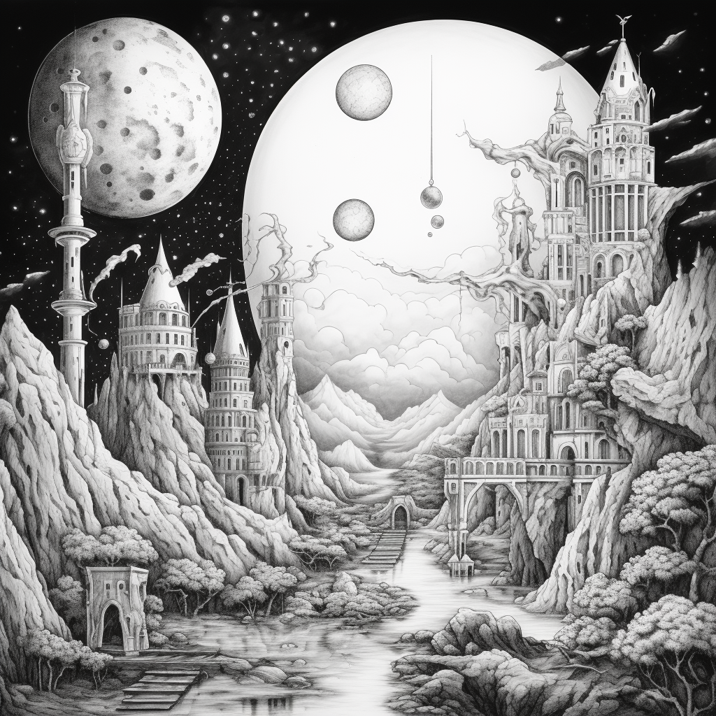 Beautiful black and white pen drawing of a castle and Saturn