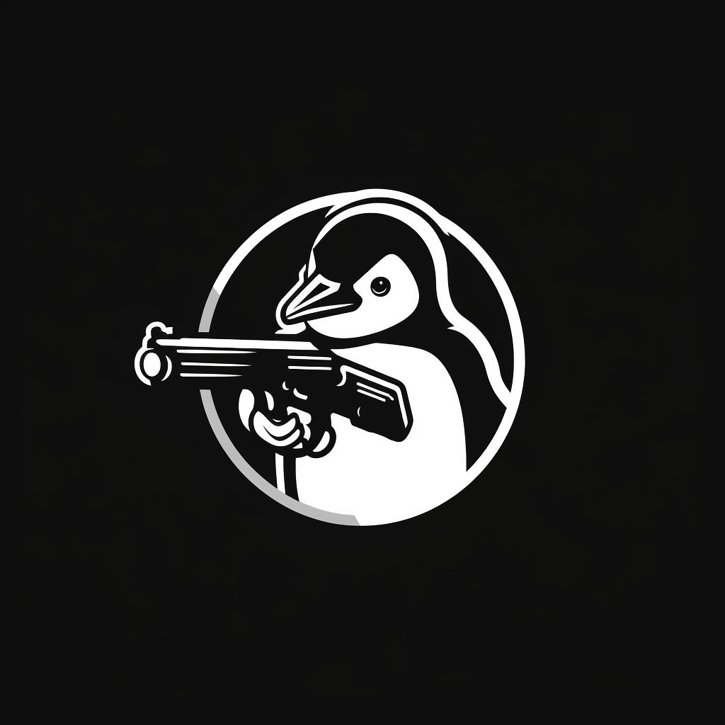 Black and white penguin logo with gun