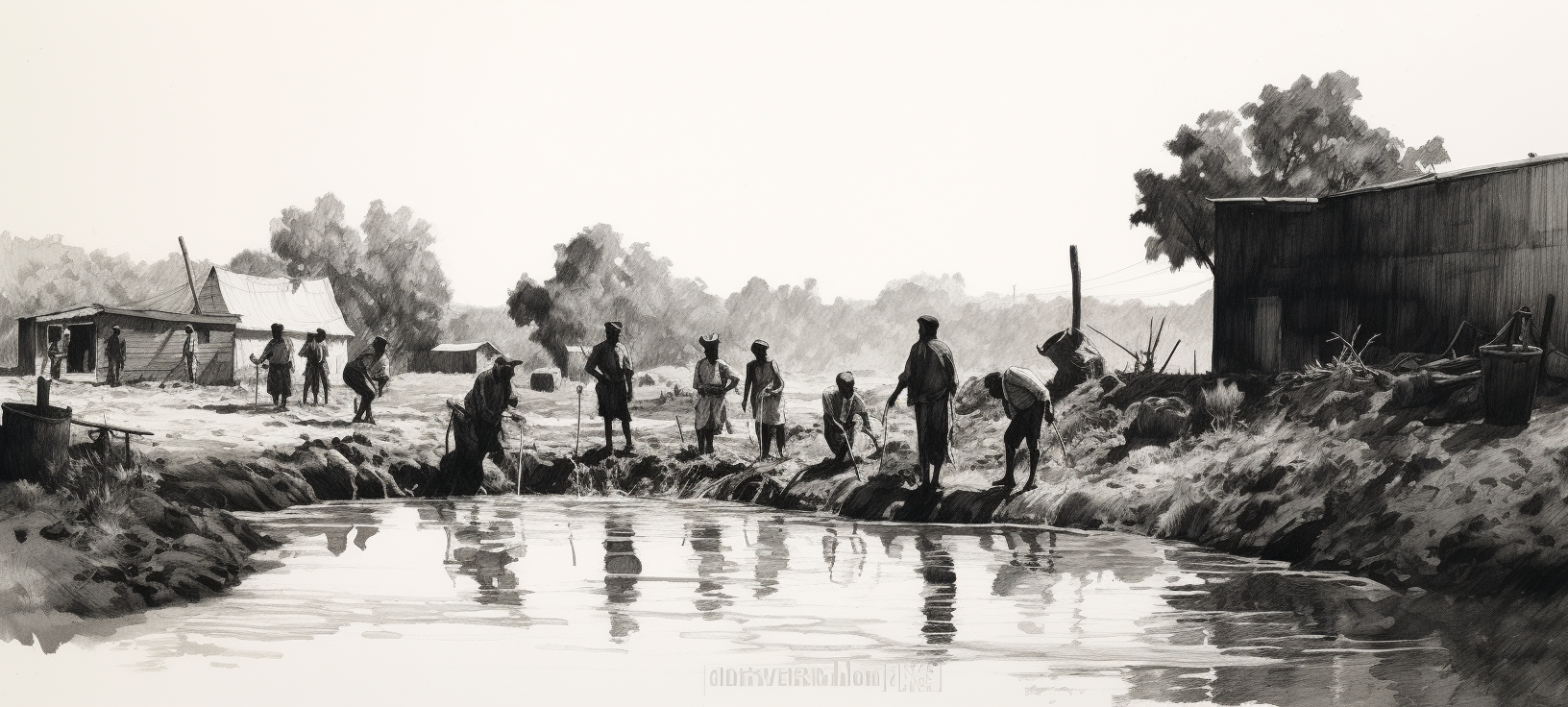 Artistic portrayal of people near an irrigation canal