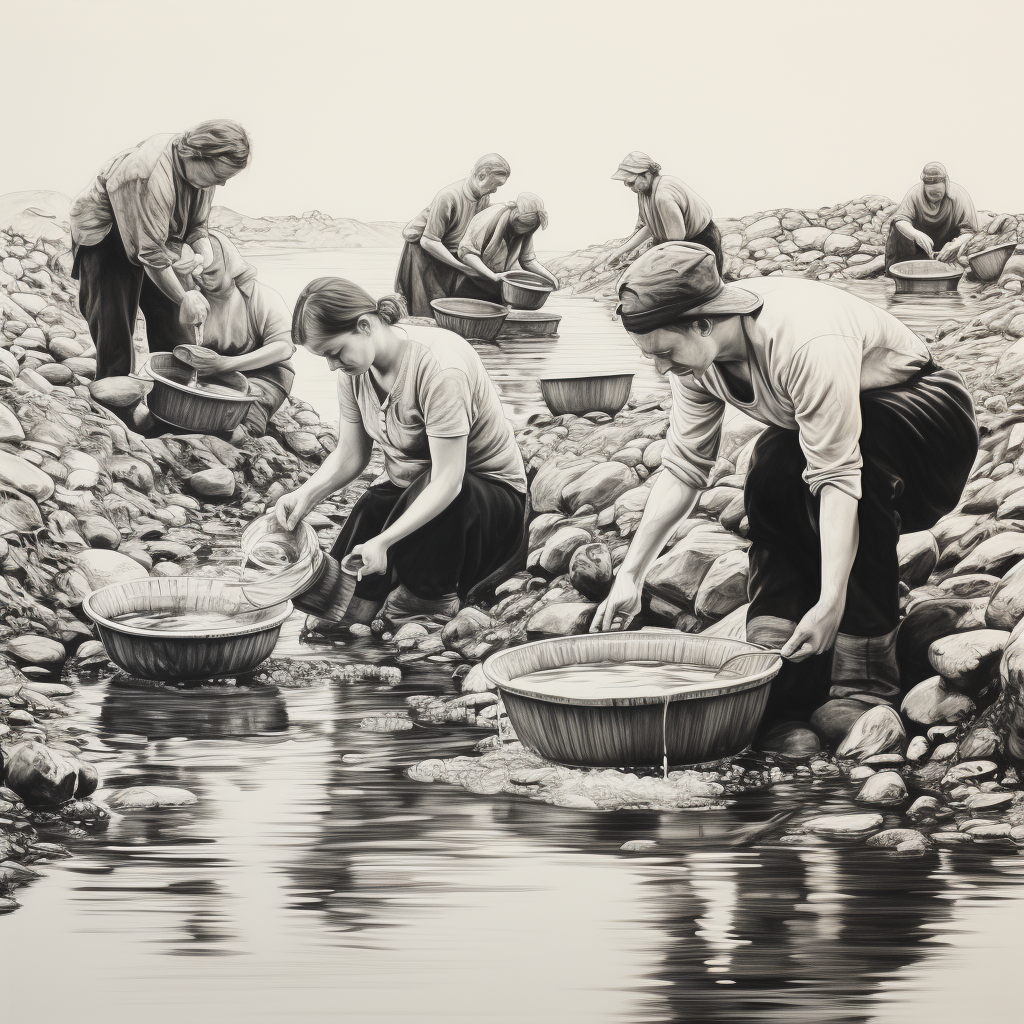 Black and White Drawing of People Gold Panning