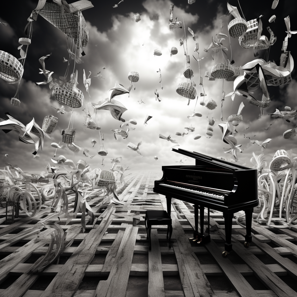 Black and white piano keys flying