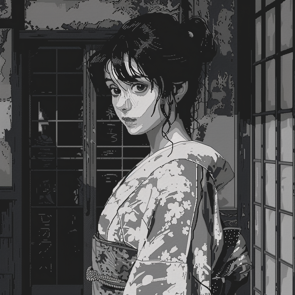 Woman in black white kimono