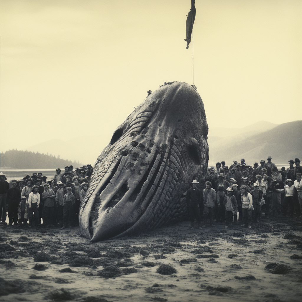 Crowd gathered around beached whale on sunny day