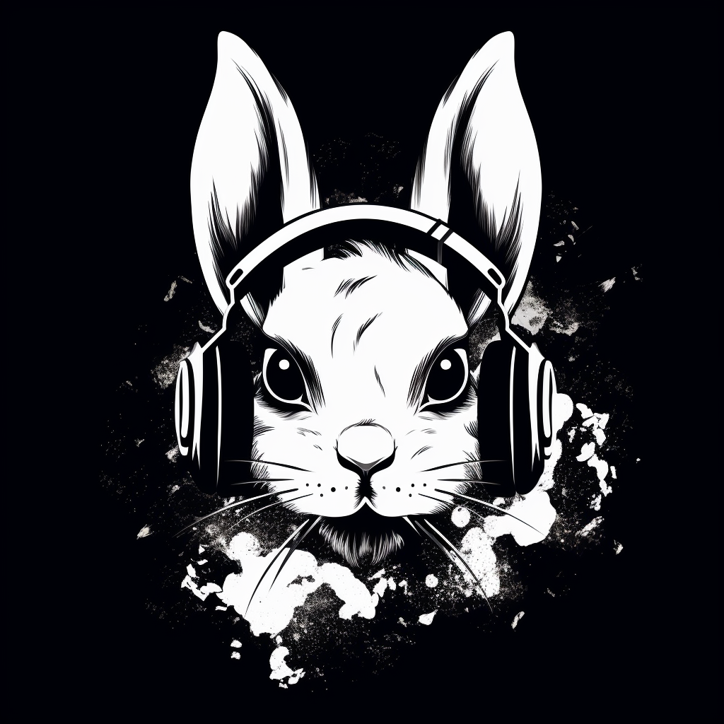 Adorable black and white rabbit with headphones