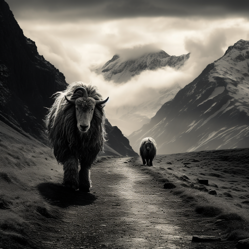 Sheep and Lion in Mountains