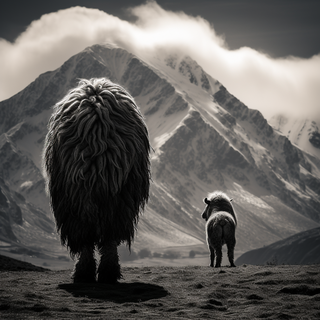 Black and white sheep in mountains