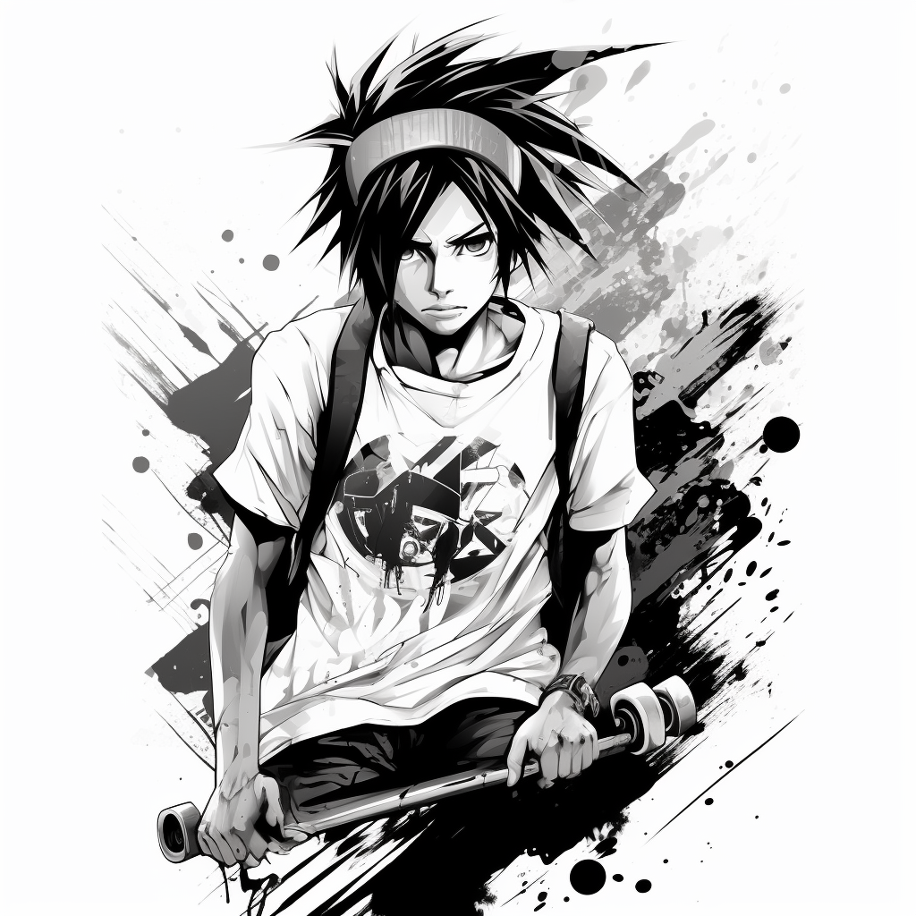 Black and white anime skateboard repair graphic