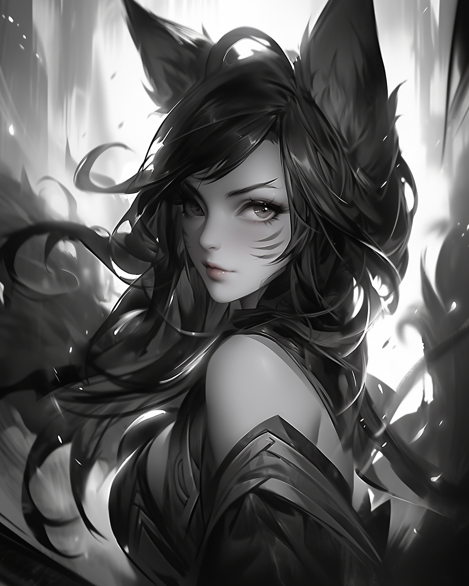 Black and White Sketch Concept Art of Female Ahri