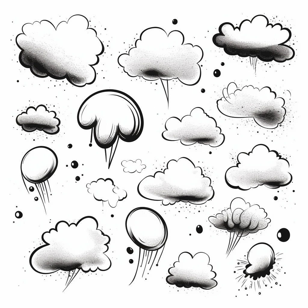 Black and white speech bubbles on white background