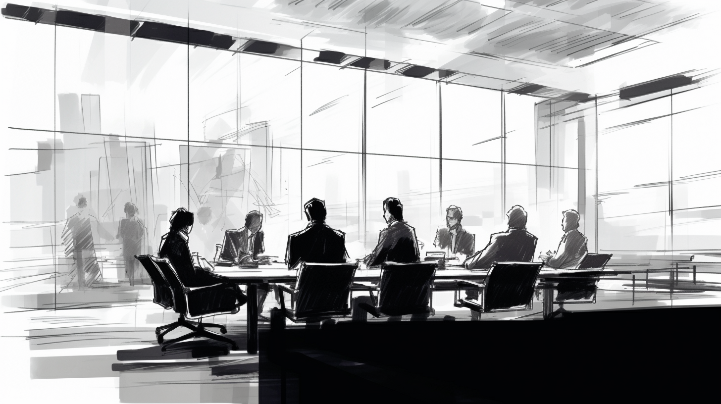 Black and white storyboard sketch with gestural lines and snacks in meeting room.