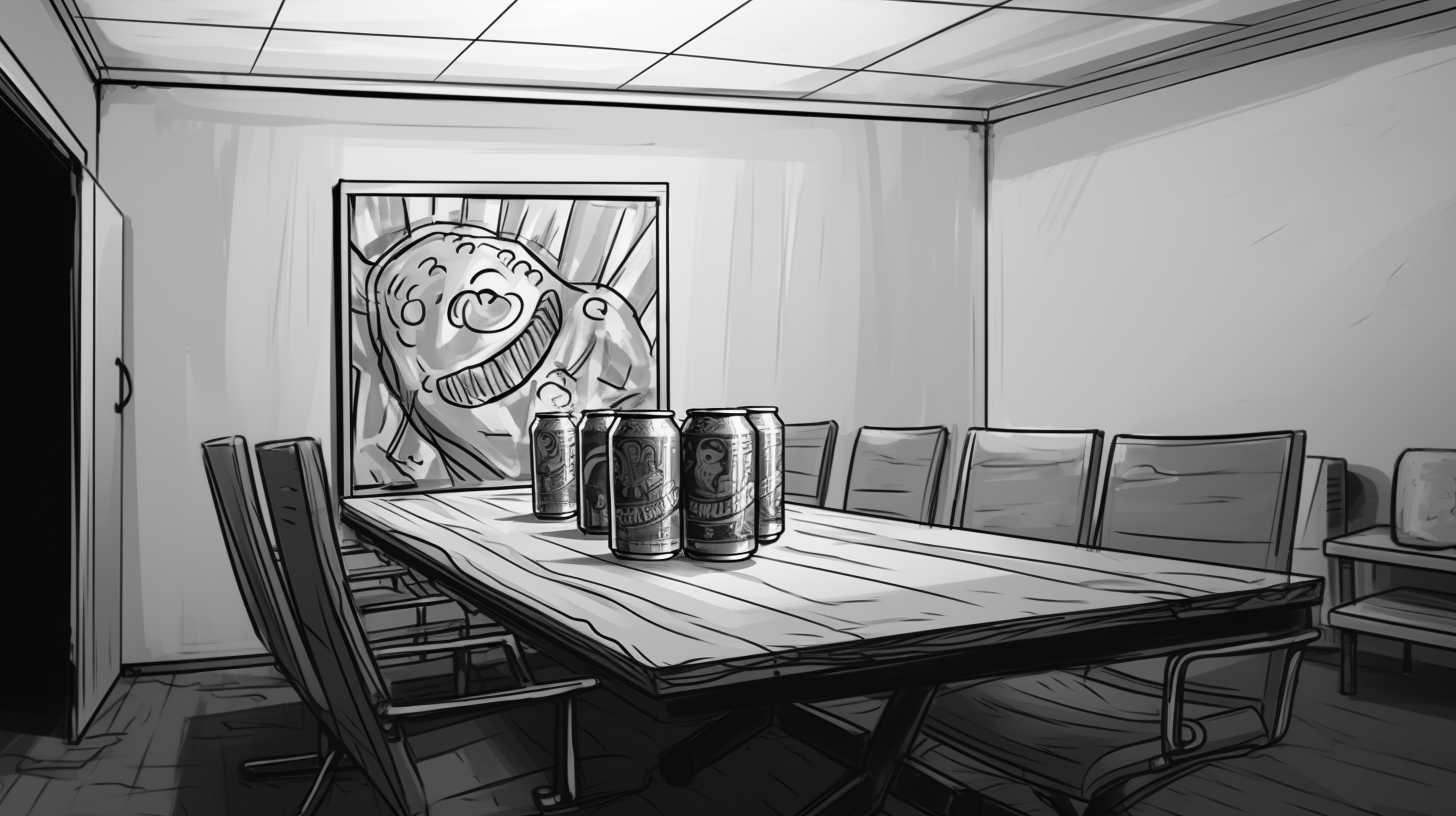 Black and white storyboard sketch with soda cans