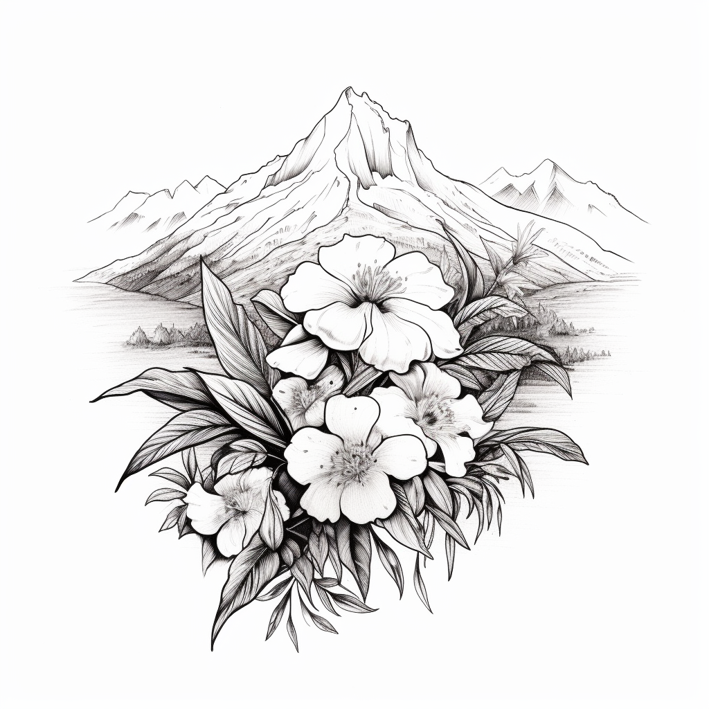 Black and white tattoo sketch of bouquet on Mount Taranaki