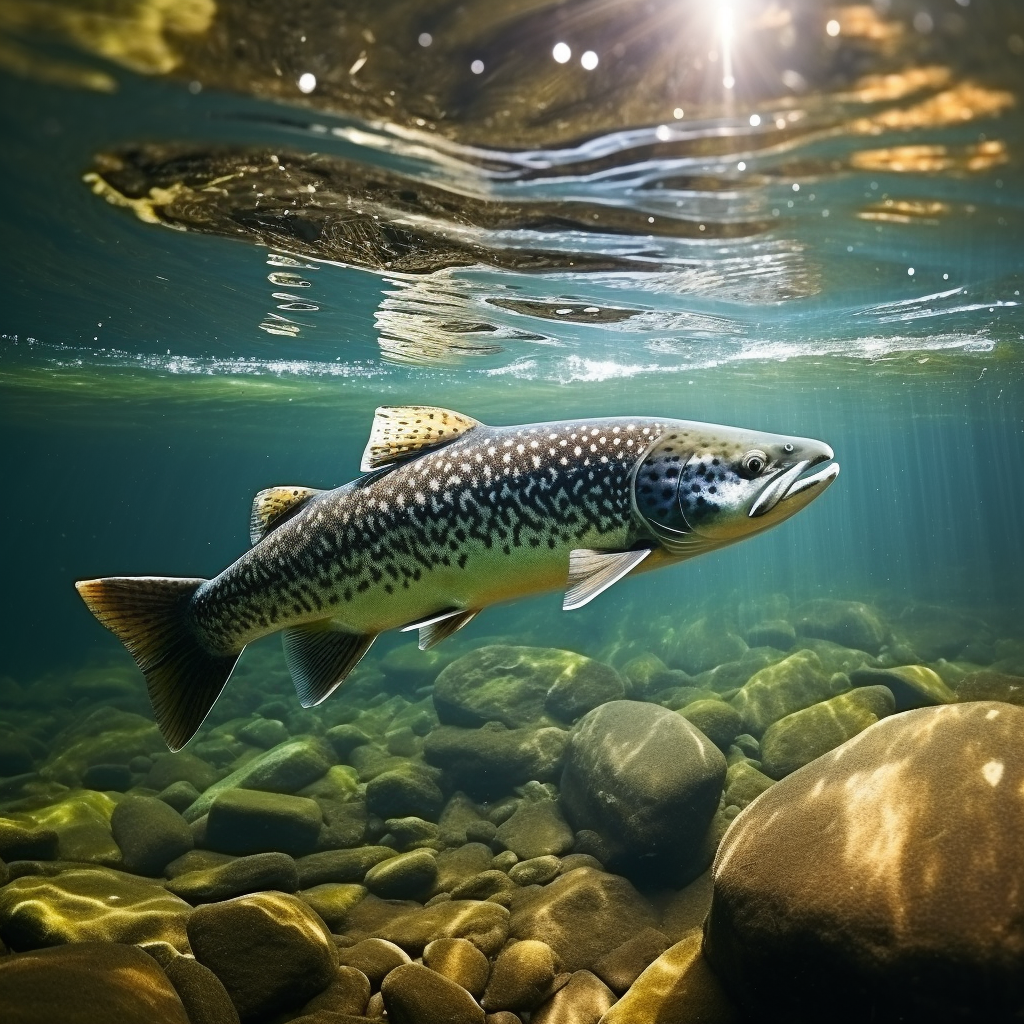 Realistic black and white trout swimming underwater