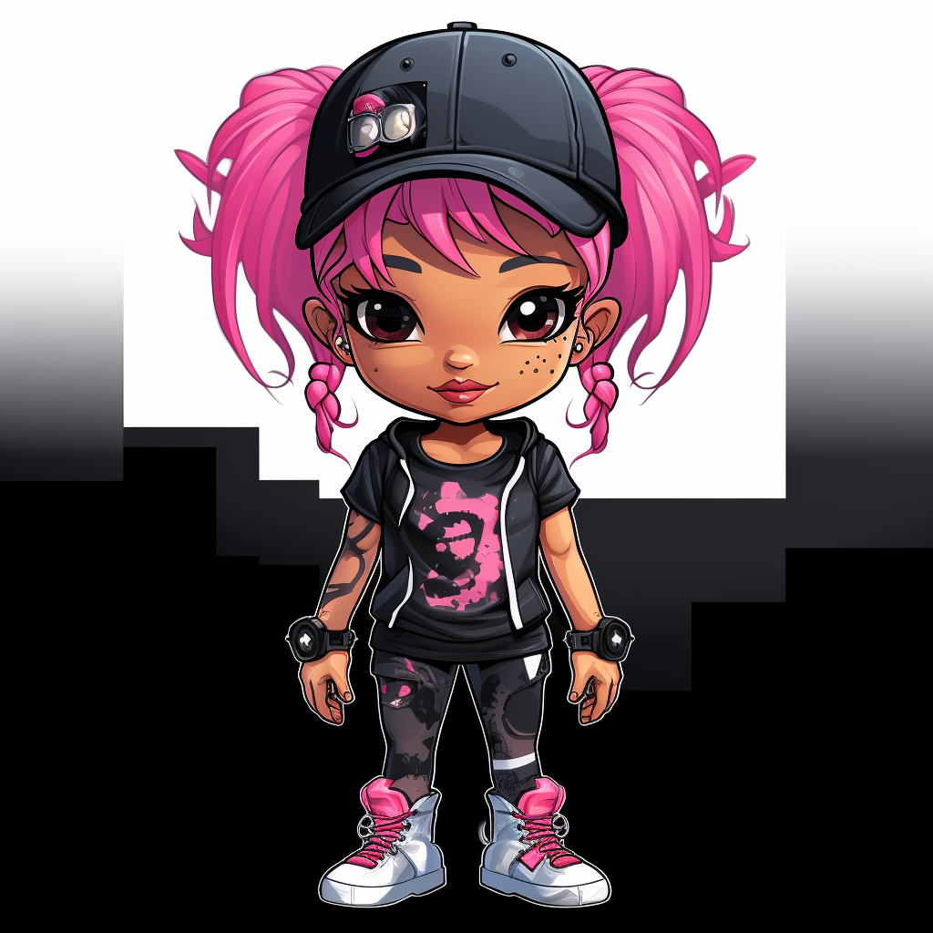 Vector art of a chibi girl in graffiti-style t-shirt