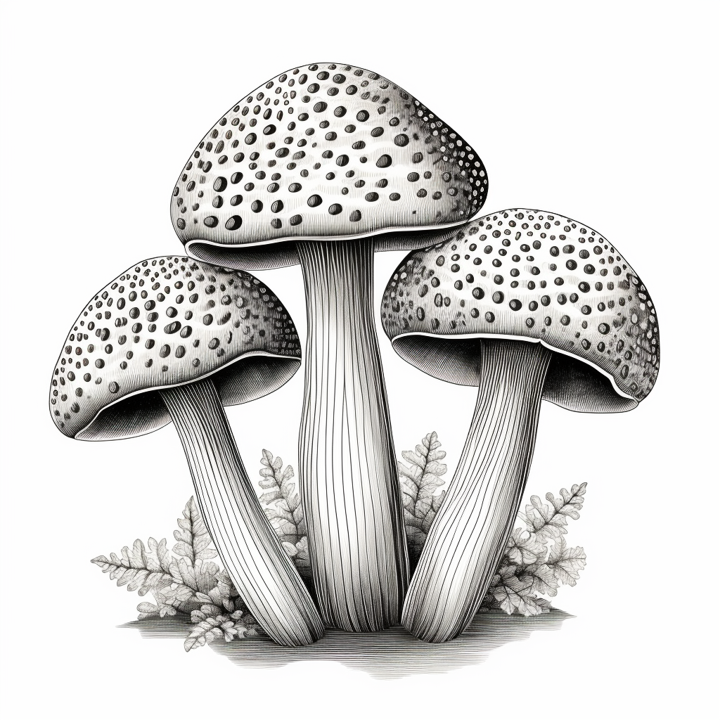 Black and white vector image of three amanitaa muscaria mushrooms