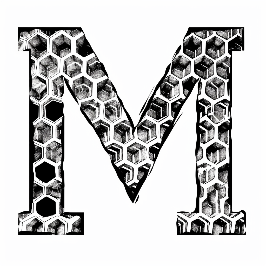 Stamped letter M with honeycomb pattern