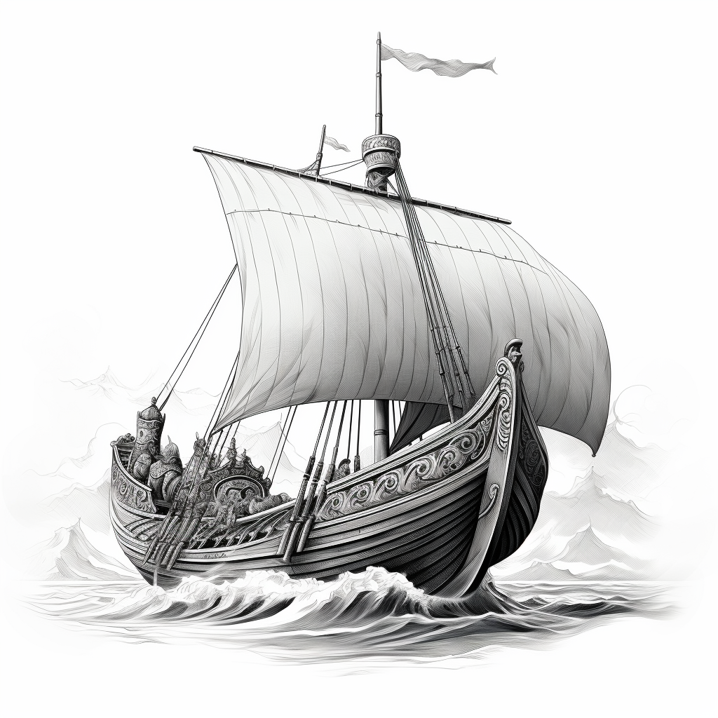 Black and white illustration of a viking ship