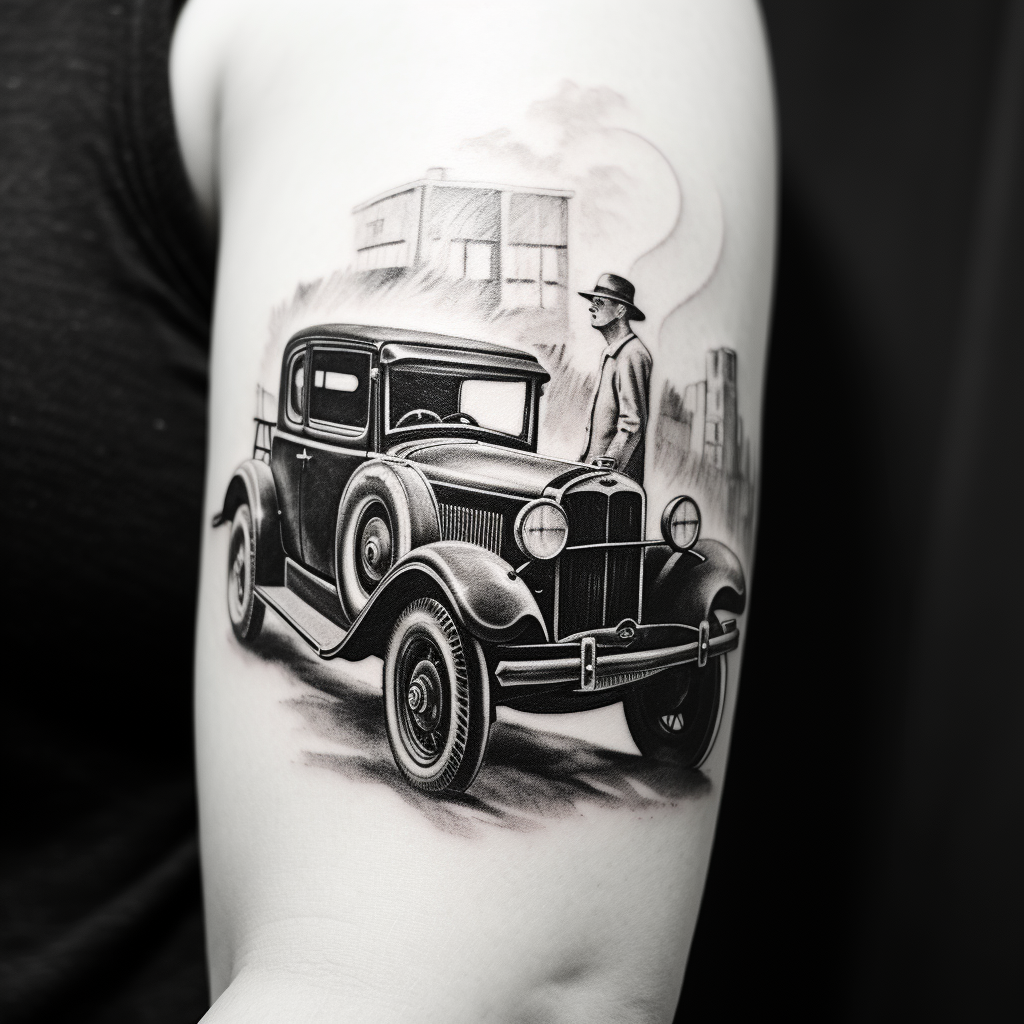 black and white vintage car tattoo design