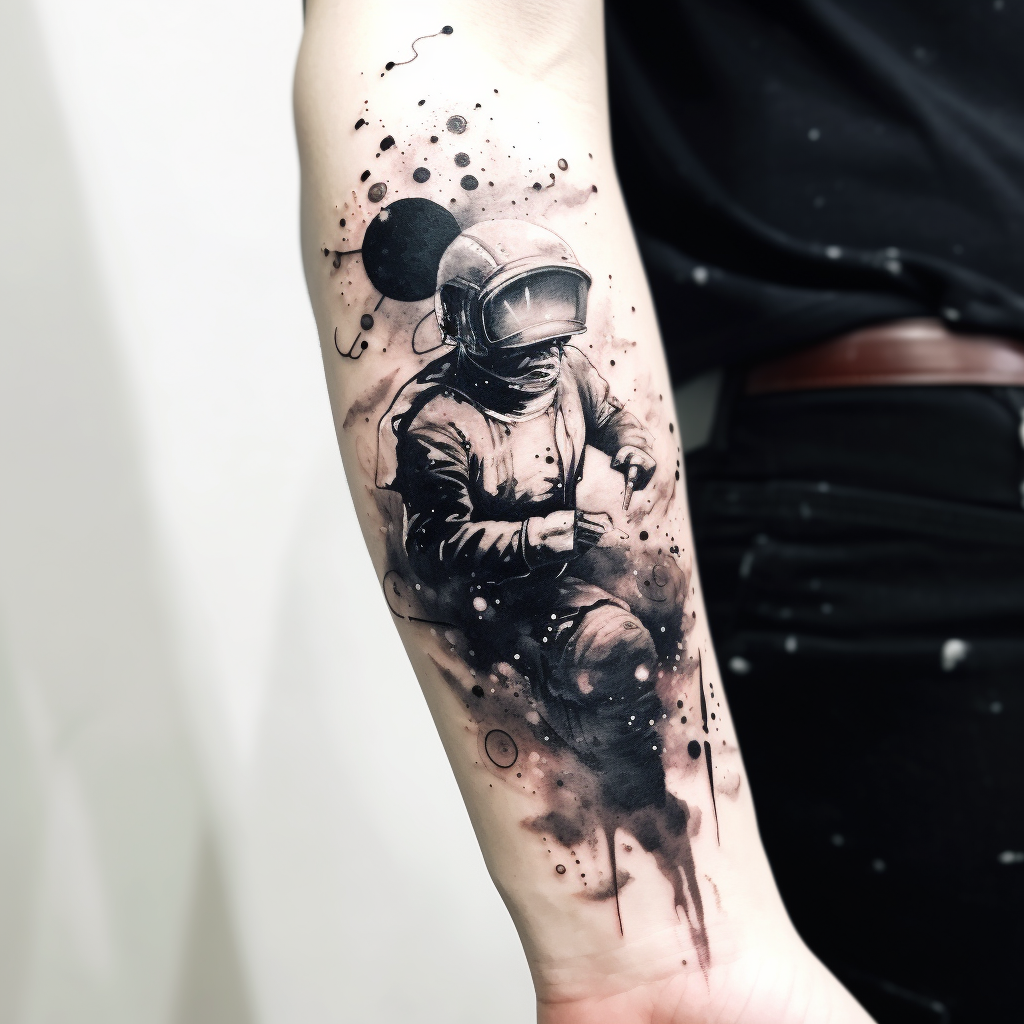 Black and white watercolor forearm tattoo with astronaut floating in space