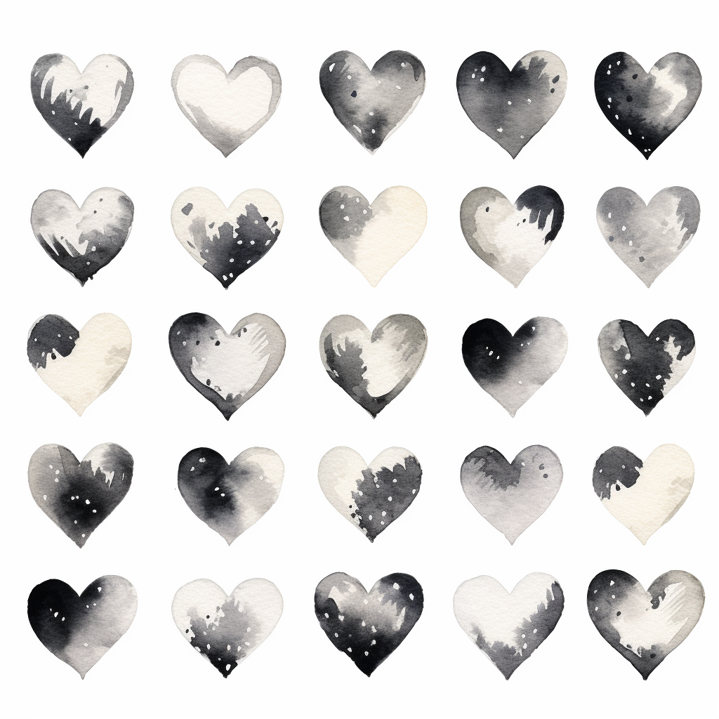 Black White Watercolor Valentine's Day Hearts