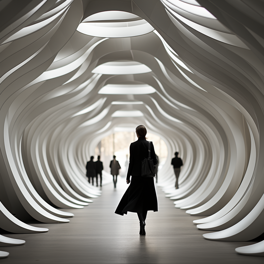 Black and white image of woman walking in front of fans