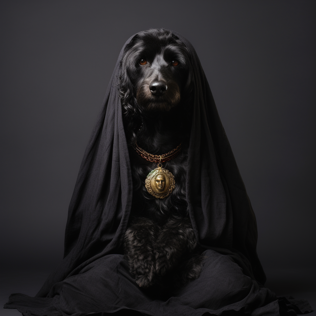 Black Whoodle Dog as Goddess