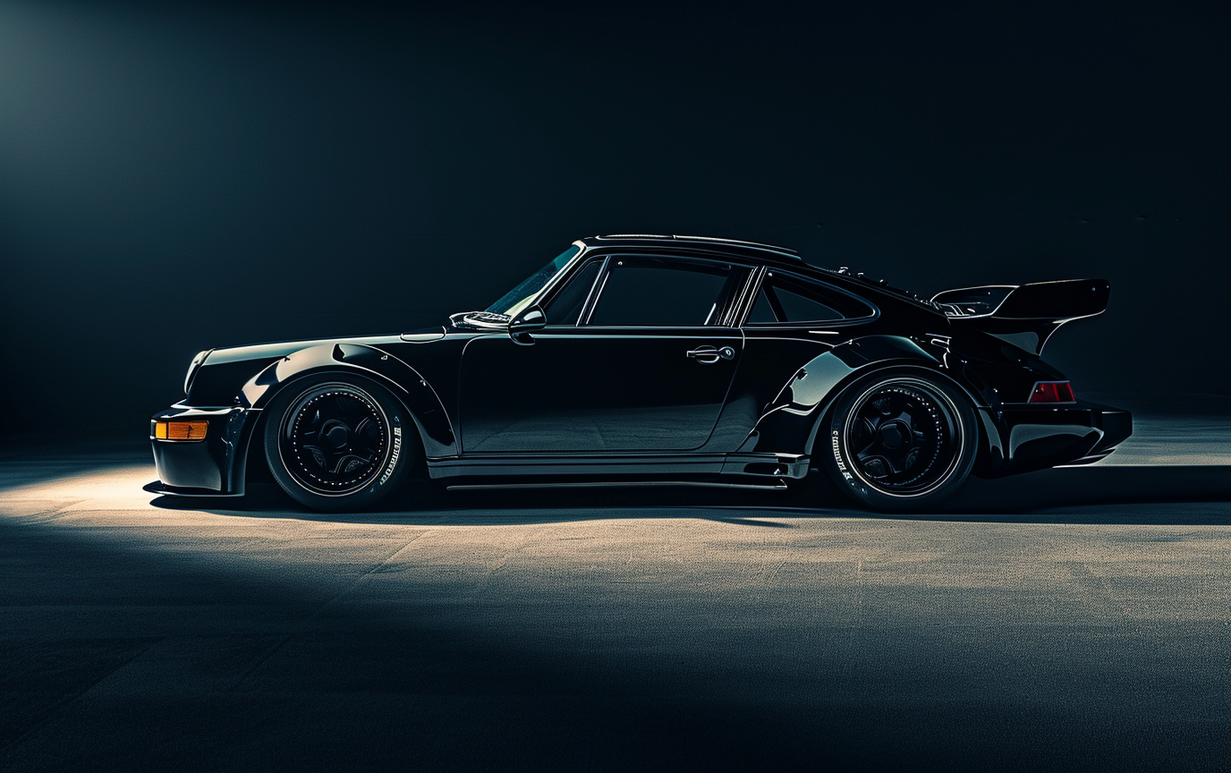 Black widebody Porsche RWB 964 with subtle lighting and shadows