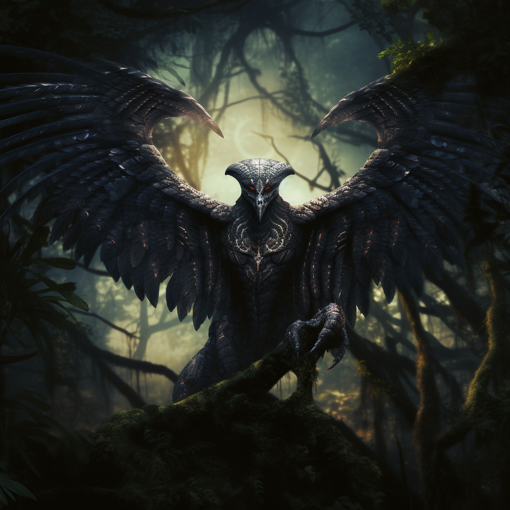 Black winged creature emerging from forest