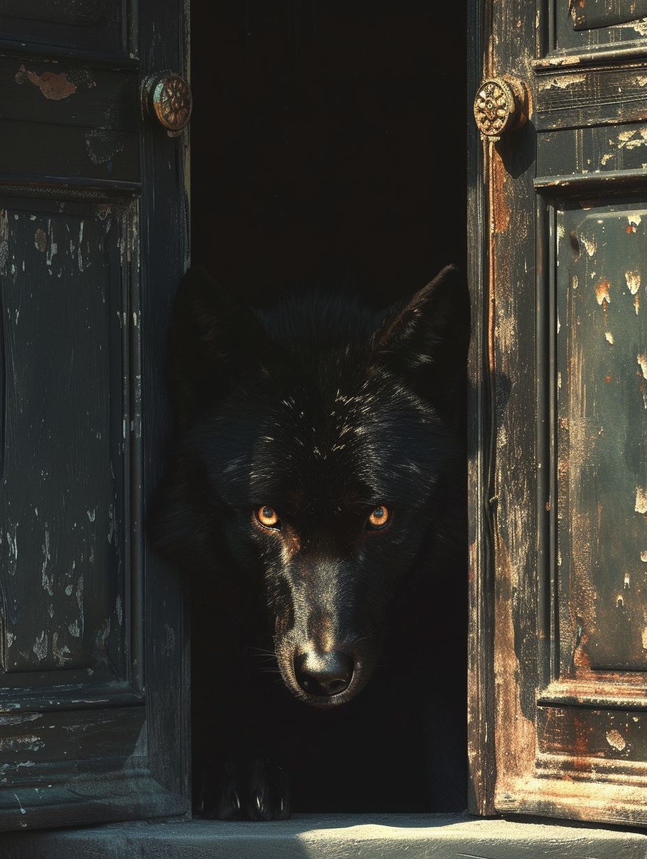 black wolf doorway surrealistic installations