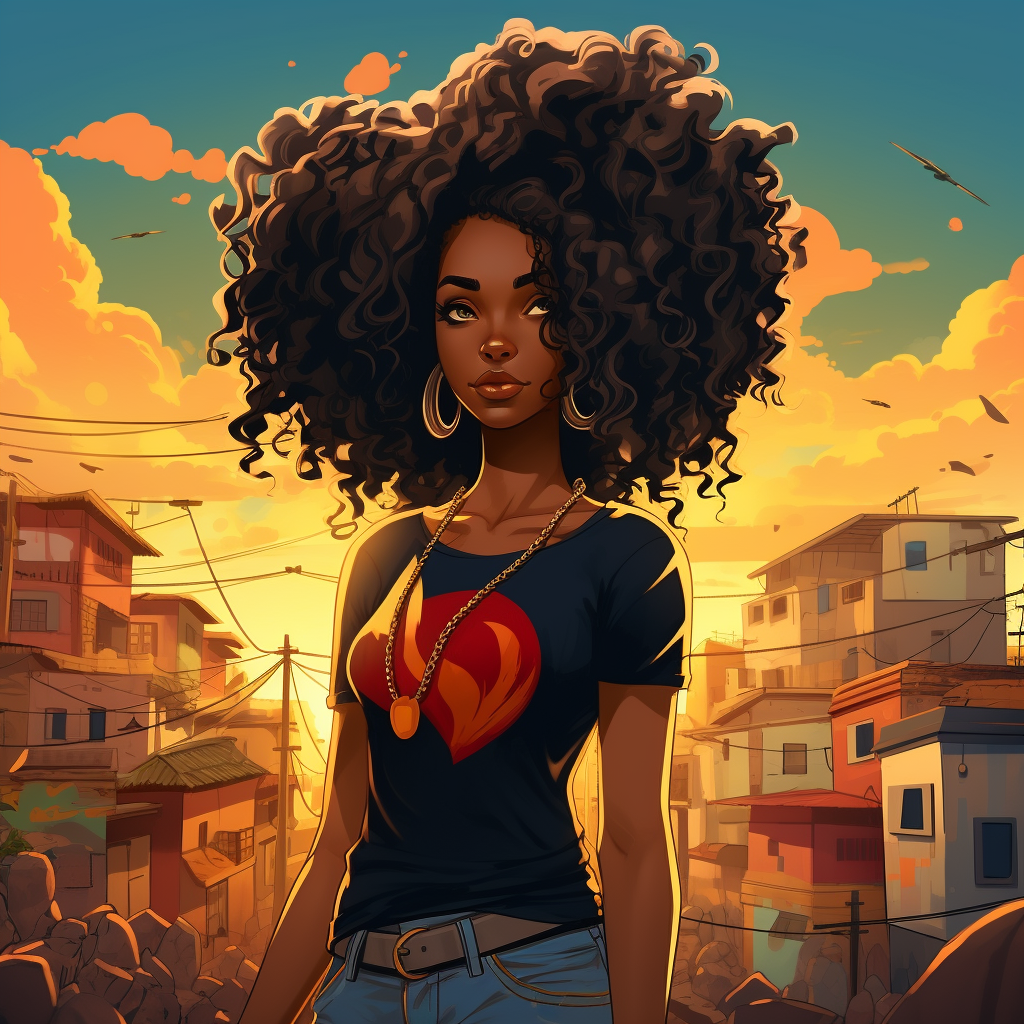 Black woman with afro hair and African style shirt in a Brazilian favela