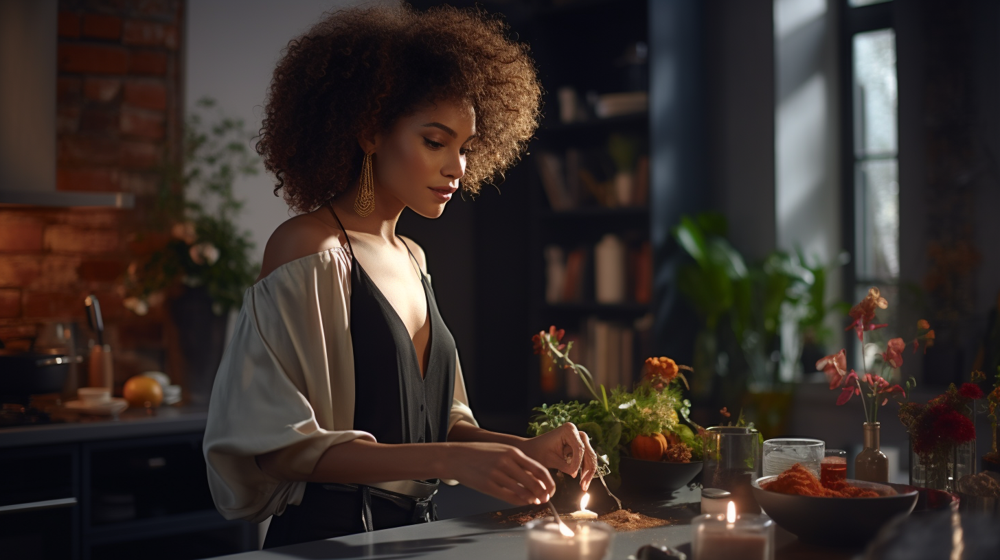 Black woman cooking in high fashion 2023 attire