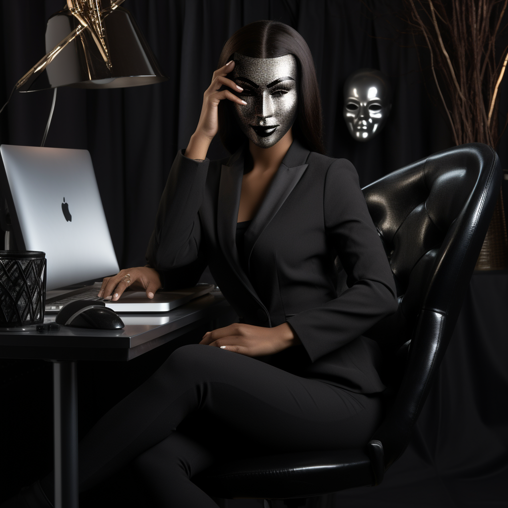 Masked black woman in suit, sitting at PC