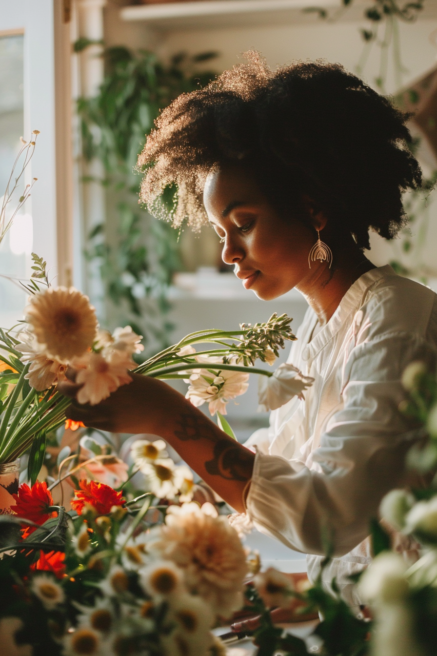 Black woman arranging flowers