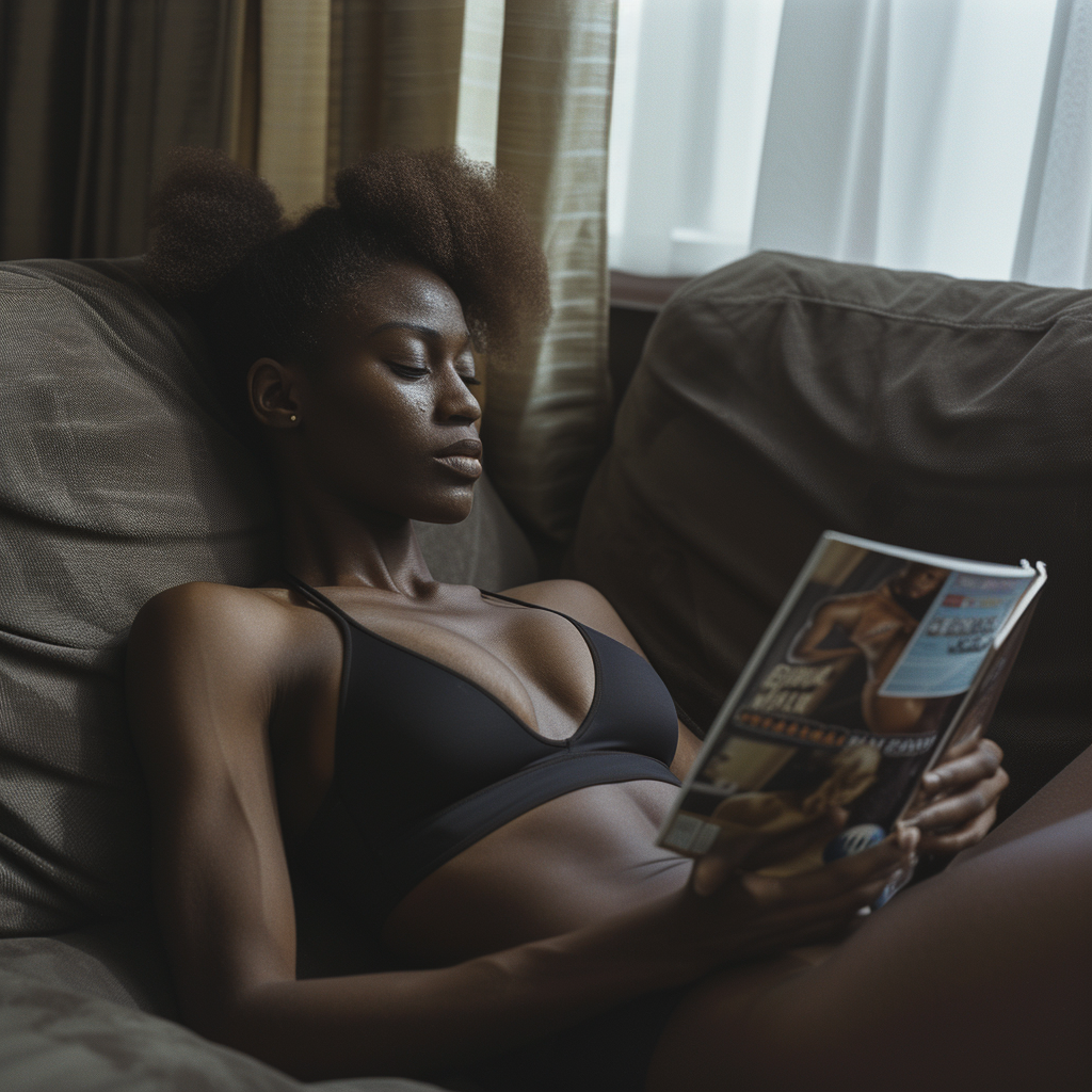 Black woman athlete reading magazine on sofa