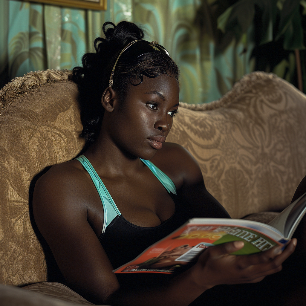 Black woman athlete reading magazine on sofa