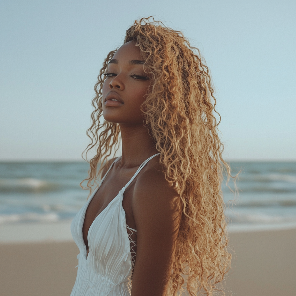 Black woman in white dress on beach