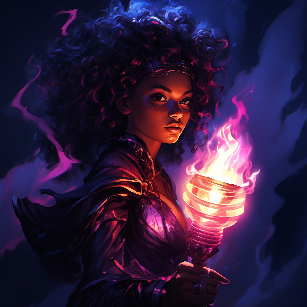 Strong black woman carrying torch in dark fantasy illustration