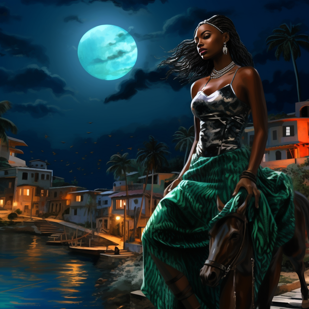 Beautiful black woman centaur in Caribbean city