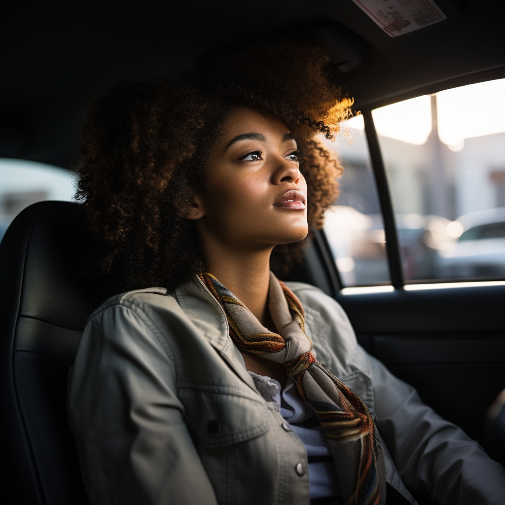 Black woman in car looking downwards