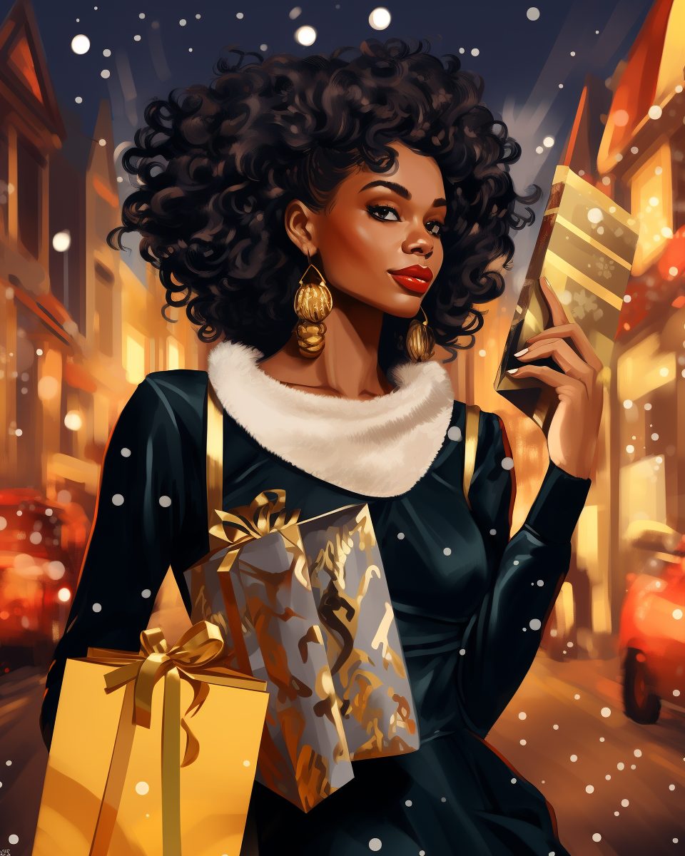 Stylish black woman with shopping bags during Christmas