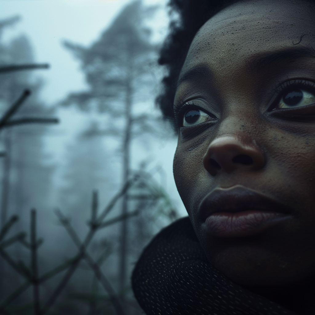 Black woman looking at misty forest