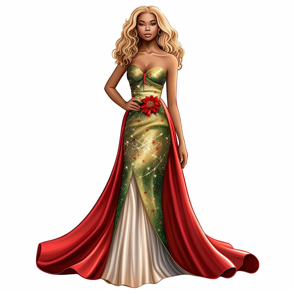 Black woman with honey blonde hair wearing a Christmas dress