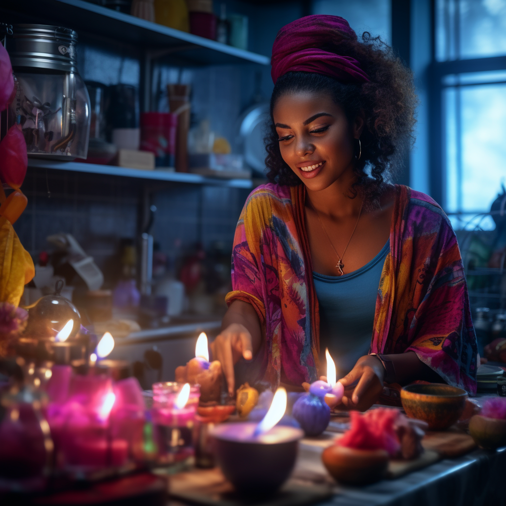 Black woman making candles in vibrant kitchen