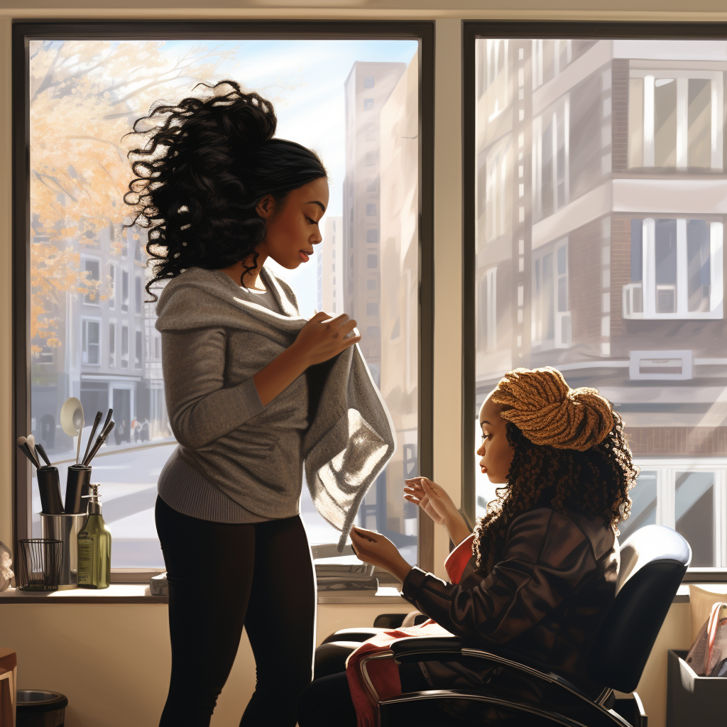 Black woman getting lace frontal wig installed by hairstylist