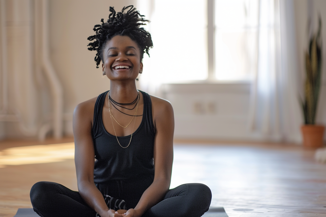 Black woman doing laughter yoga poses